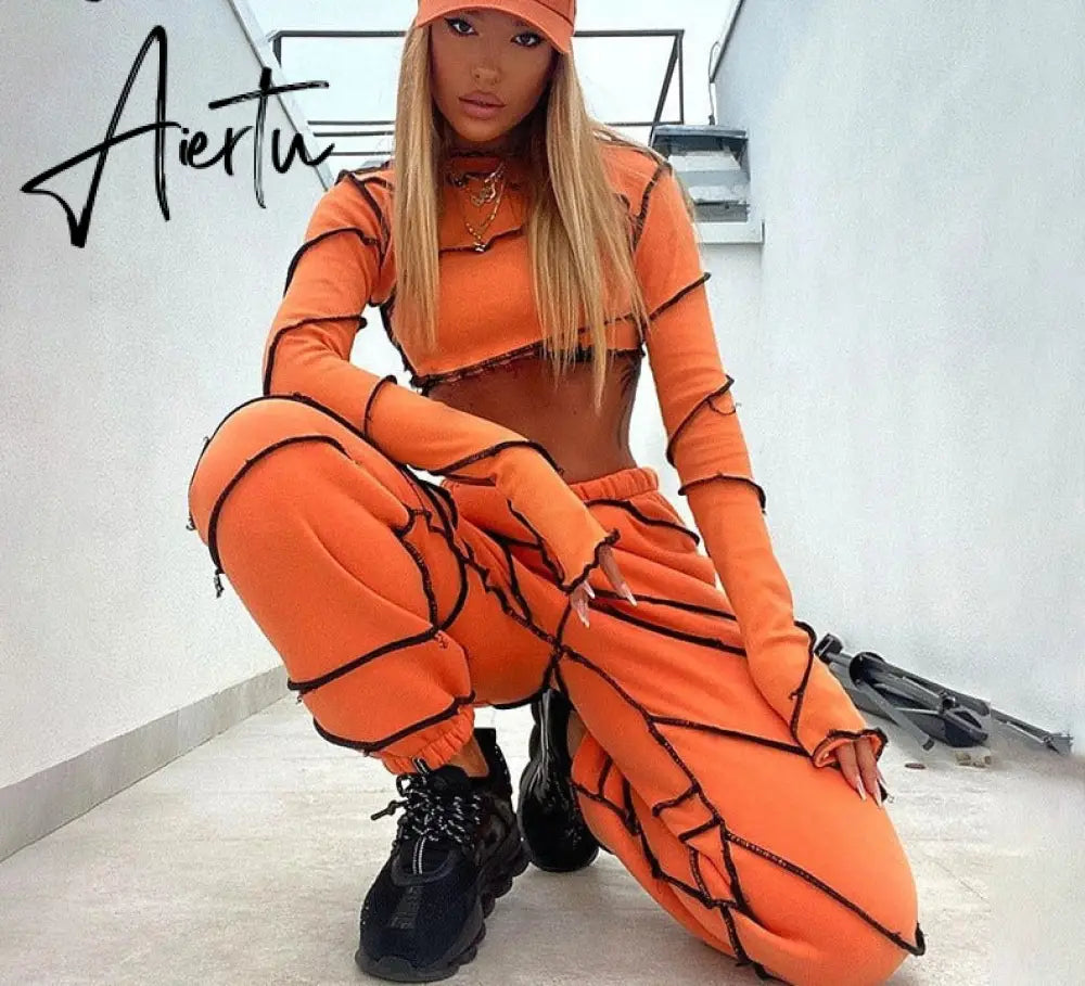 Aiertu Long Sleeve Patchwork Turtleneck Tashirt Top Pants 2 Pieces Set Autumn Winter Women Casual Tracksuit Aiertu