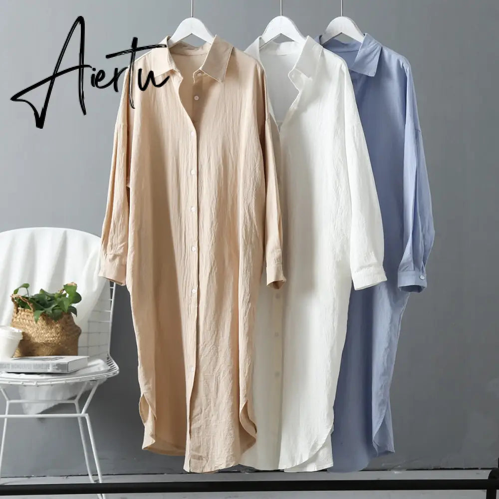 Aiertu Long Sleeve Long Shirt Dress Spring Autumn Casual Buttons Loose Dresses Robe Femme Vestido Aiertu
