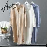 Aiertu Long Sleeve Long Shirt Dress Spring Autumn Casual Buttons Loose Dresses Robe Femme Vestido Aiertu