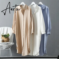 Aiertu Long Sleeve Long Shirt Dress Spring Autumn Casual Buttons Loose Dresses Robe Femme Vestido Aiertu