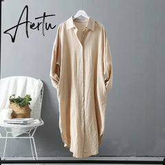 Aiertu Long Sleeve Long Shirt Dress Spring Autumn Casual Buttons Loose Dresses Robe Femme Vestido Aiertu