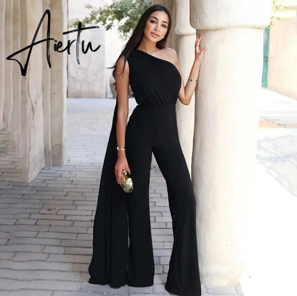 Aiertu Long Sleeve Single Shoulder With Long Tail Sexy Jumpsuit Fall Winter Women Solid Party Elegant Streetwear Outfit Aiertu