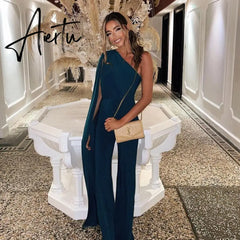 Aiertu Long Sleeve Single Shoulder With Long Tail Sexy Jumpsuit Fall Winter Women Solid Party Elegant Streetwear Outfit Aiertu