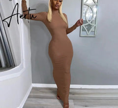 Aiertu Long Sleeve Solid Backless Skinny Ribbed Maxi Dress Autumn Winter Women Fashion Sexy Party Club Outfits Aiertu