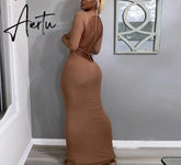 Aiertu Long Sleeve Solid Backless Skinny Ribbed Maxi Dress Autumn Winter Women Fashion Sexy Party Club Outfits Aiertu