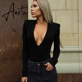 Aiertu Long Sleeve Solid V-Neck Shoulder Pads Skinny Bodysuit Autumn Winter Women Fashion Sexy Streetwear Casual Romper Aiertu