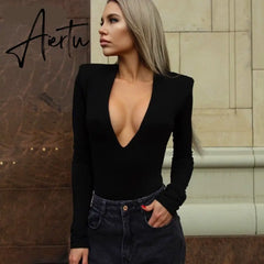 Aiertu Long Sleeve Solid V-Neck Shoulder Pads Skinny Bodysuit Autumn Winter Women Fashion Sexy Streetwear Casual Romper Aiertu