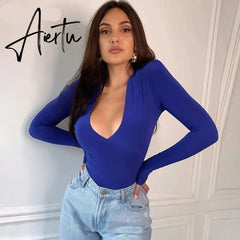 Aiertu Long Sleeve Solid V-Neck Shoulder Pads Skinny Bodysuit Autumn Winter Women Fashion Sexy Streetwear Casual Romper Aiertu