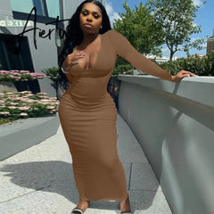 Aiertu Long Sleeve Square Collar Ribbed Skinny Maxi Dress Summer Autumn Women Fashion Sexy Streetwear Lounghe Wear Y2K Aiertu