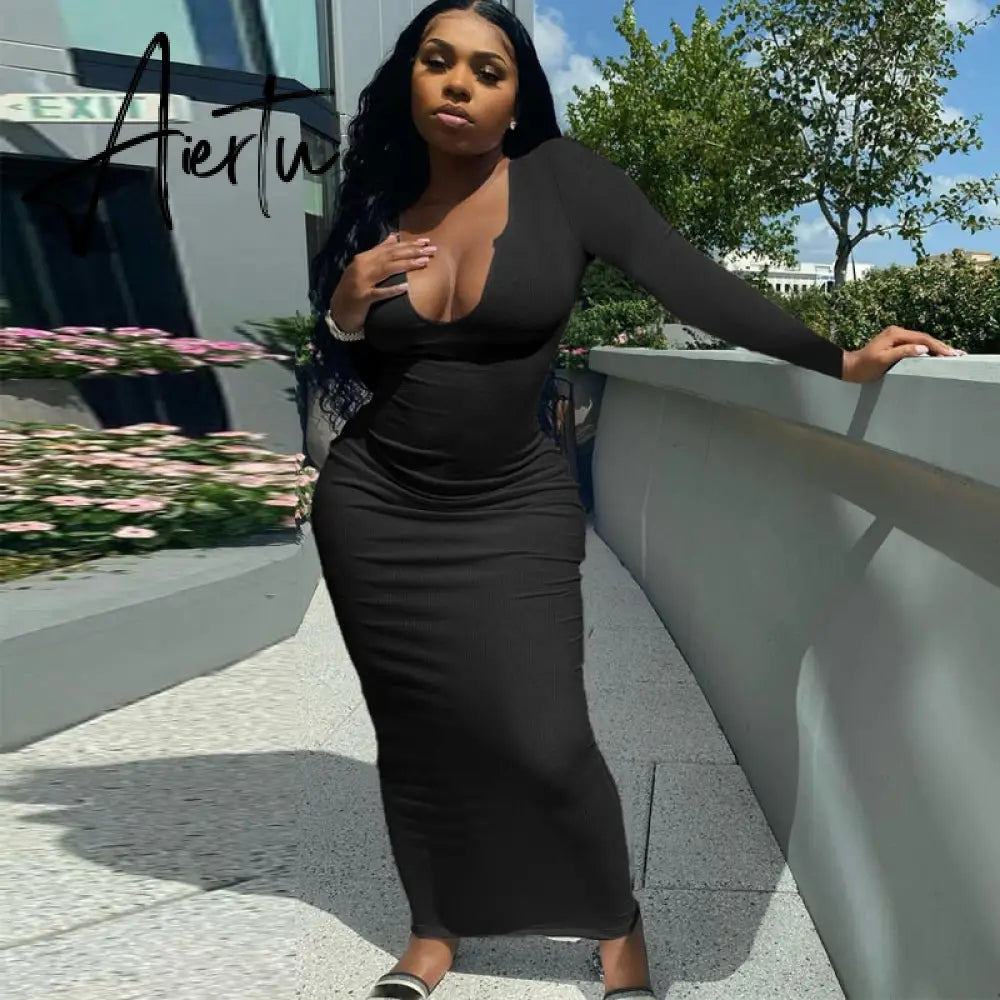 Aiertu Long Sleeve Square Collar Ribbed Skinny Maxi Dress Summer Autumn Women Fashion Sexy Streetwear Lounghe Wear Y2K Aiertu