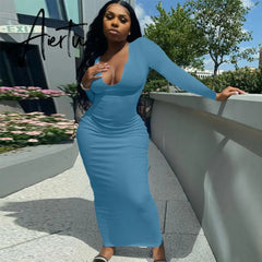 Aiertu Long Sleeve Square Collar Ribbed Skinny Maxi Dress Summer Autumn Women Fashion Sexy Streetwear Lounghe Wear Y2K Aiertu
