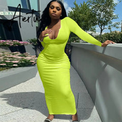 Aiertu Long Sleeve Square Collar Ribbed Skinny Maxi Dress Summer Autumn Women Fashion Sexy Streetwear Lounghe Wear Y2K Aiertu