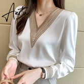Aiertu Long Sleeve White Blouse Tops Blouse Women Blusas Mujer De Moda Embroidery V-Neck Chiffon Blouse Shirt Women Blouses E226 Aiertu