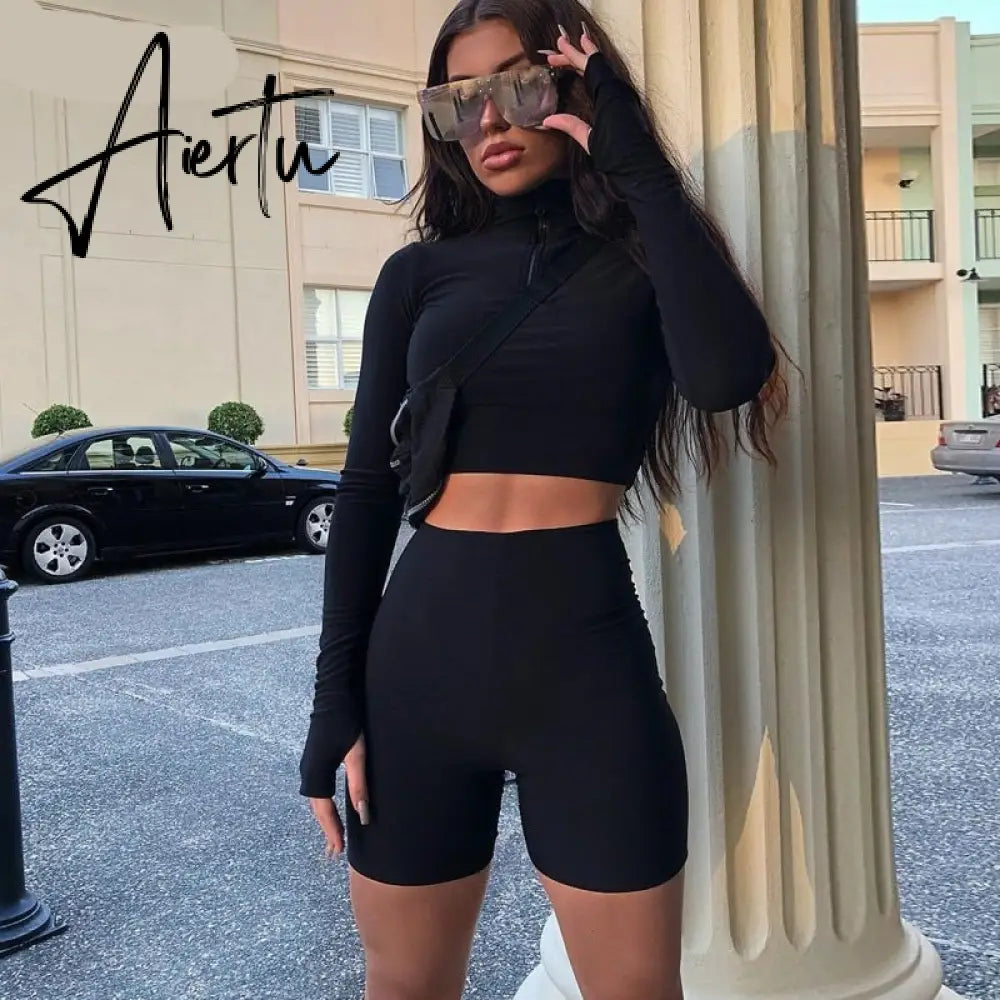 Aiertu Long Sleeve Zipper High Neck Elastic Sexy Crop Tops Shorts 2-Pieces Summer Autumn Women Fashion Casual Sports Sets Aiertu