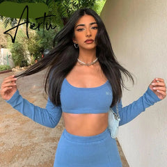 Aiertu Long Sleeves Solid Navel Low Neck Bodycon Top Sexy Mini Dress Set Summer Women Fashion Streetwear Outfits Y2K Aiertu