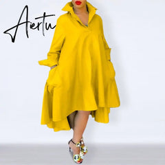 Aiertu Loose Dress Elegant Women Bohemian Sundress Lapel Neck Dress Vestidos Elegant Sundress Robe Femme Aiertu