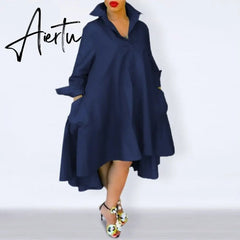 Aiertu Loose Dress Elegant Women Bohemian Sundress Lapel Neck Dress Vestidos Elegant Sundress Robe Femme Aiertu