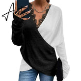 Aiertu Loose Women Sweater Color Block Lace Autumn Winter Office Ladies Knitting Pullover Sweaters Aiertu