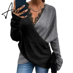 Aiertu Loose Women Sweater Color Block Lace Autumn Winter Office Ladies Knitting Pullover Sweaters Aiertu