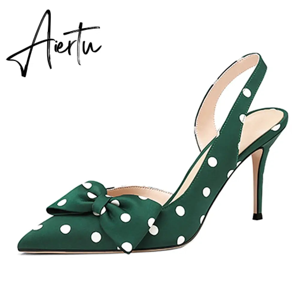Aiertu Lovirs Womens Bow Tie Slingback 8.5cm Pumps Pointed Toe Stiletto Heels Polka Dot High Heel Dress Party Shoes Plus Size US5-15 Aiertu
