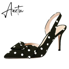Aiertu Lovirs Womens Bow Tie Slingback 8.5cm Pumps Pointed Toe Stiletto Heels Polka Dot High Heel Dress Party Shoes Plus Size US5-15 Aiertu