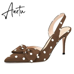 Aiertu Lovirs Womens Bow Tie Slingback 8.5cm Pumps Pointed Toe Stiletto Heels Polka Dot High Heel Dress Party Shoes Plus Size US5-15 Aiertu