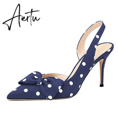 Aiertu Lovirs Womens Bow Tie Slingback 8.5cm Pumps Pointed Toe Stiletto Heels Polka Dot High Heel Dress Party Shoes Plus Size US5-15 Aiertu