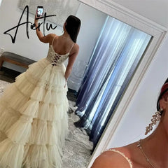 Aiertu Luxury Beige Prom Dresses Spaghetti Strap Evening Dress Elegant Sleeveless Lace-up Tulle Party fiesta 2024 Aiertu