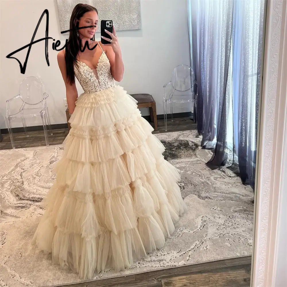 Aiertu Luxury Beige Prom Dresses Spaghetti Strap Evening Dress Elegant Sleeveless Lace-up Tulle Party fiesta 2024 Aiertu