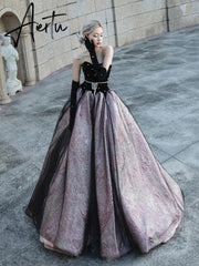 Aiertu Luxury Black Celebrity Dresses Pearl Chain Gloves Women Sexy Princess A-line Strapless Prom Evening Party Gowns Vestido Aiertu