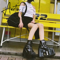 Aiertu Luxury Brand Design Female Chunky High Heels Ankle Boots Fashion Zip Lace-up High Platform Boots Women Street Punk Shoes Woman Aiertu