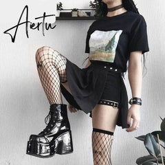 Aiertu Luxury Brand Design Female Chunky High Heels Ankle Boots Fashion Zip Lace-up High Platform Boots Women Street Punk Shoes Woman Aiertu