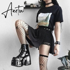 Aiertu Luxury Brand Design Female Chunky High Heels Ankle Boots Fashion Zip Lace-up High Platform Boots Women Street Punk Shoes Woman Aiertu