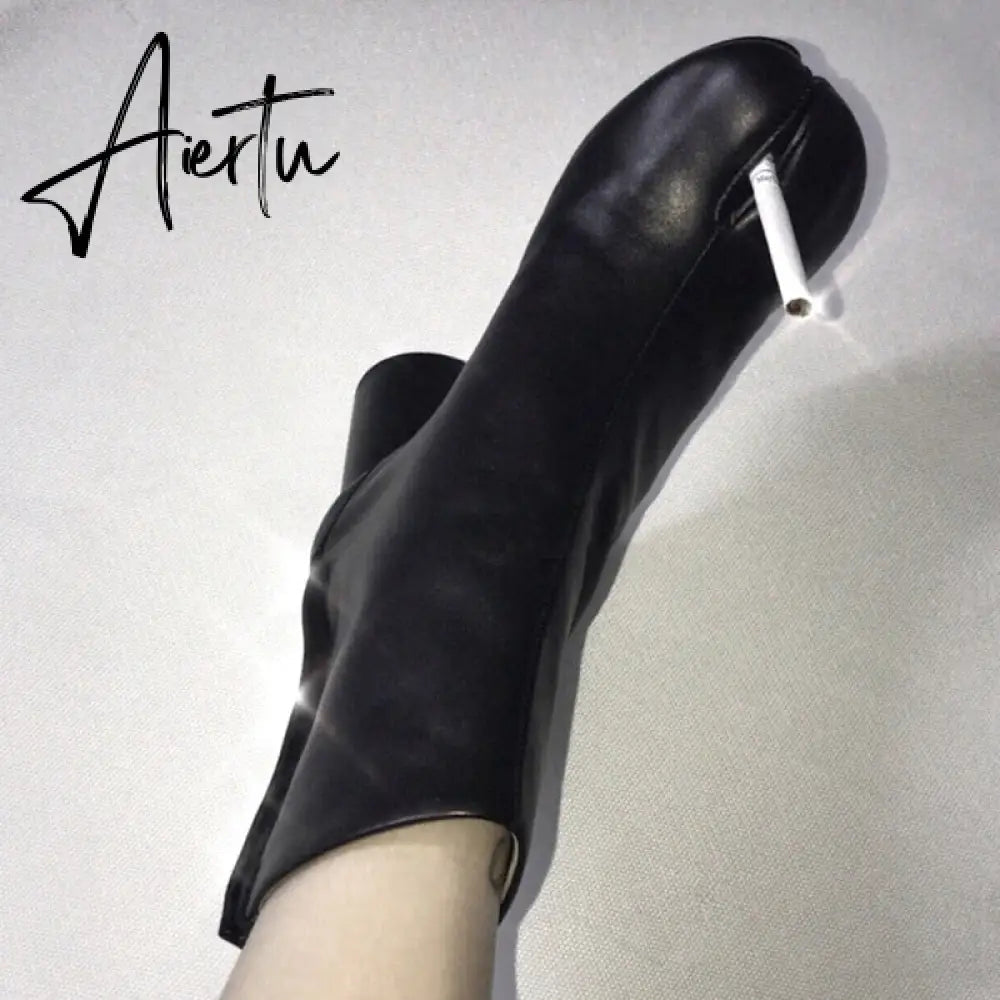 Aiertu Luxury Brand Designer Split Toe Ankle Boots New Fashion Chunky Round High Heels Women Boots Winter Tabi Shoes Short Boots Aiertu
