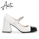 Aiertu Luxury Designer Women Thick High Heels Shose Chain Square Toe Pumps Spring Square Toe Shoes Wedding Shoes Mary Jane Sandals Aiertu