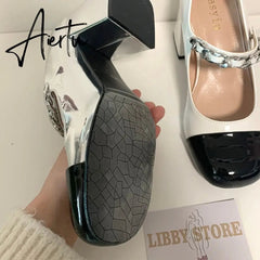 Aiertu Luxury Designer Women Thick High Heels Shose Chain Square Toe Pumps Spring Square Toe Shoes Wedding Shoes Mary Jane Sandals Aiertu