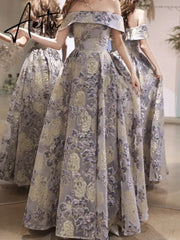Aiertu Luxury Elegant Temperament Slash Neck Slim Formal Prom Dresses Exquisite Floral Constrast Embroidery Print Gown High End Robe Aiertu