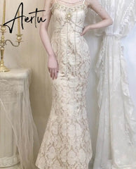 Aiertu Luxury Pearl Beaded Embroidery Party Long Maxi Mermaid Dress Women Summer Spaghetti Strap Bodycon Dress Vestido Aiertu
