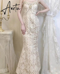 Aiertu Luxury Pearl Beaded Embroidery Party Long Maxi Mermaid Dress Women Summer Spaghetti Strap Bodycon Dress Vestido Aiertu