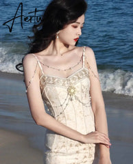 Aiertu Luxury Pearl Beaded Embroidery Party Long Maxi Mermaid Dress Women Summer Spaghetti Strap Bodycon Dress Vestido Aiertu