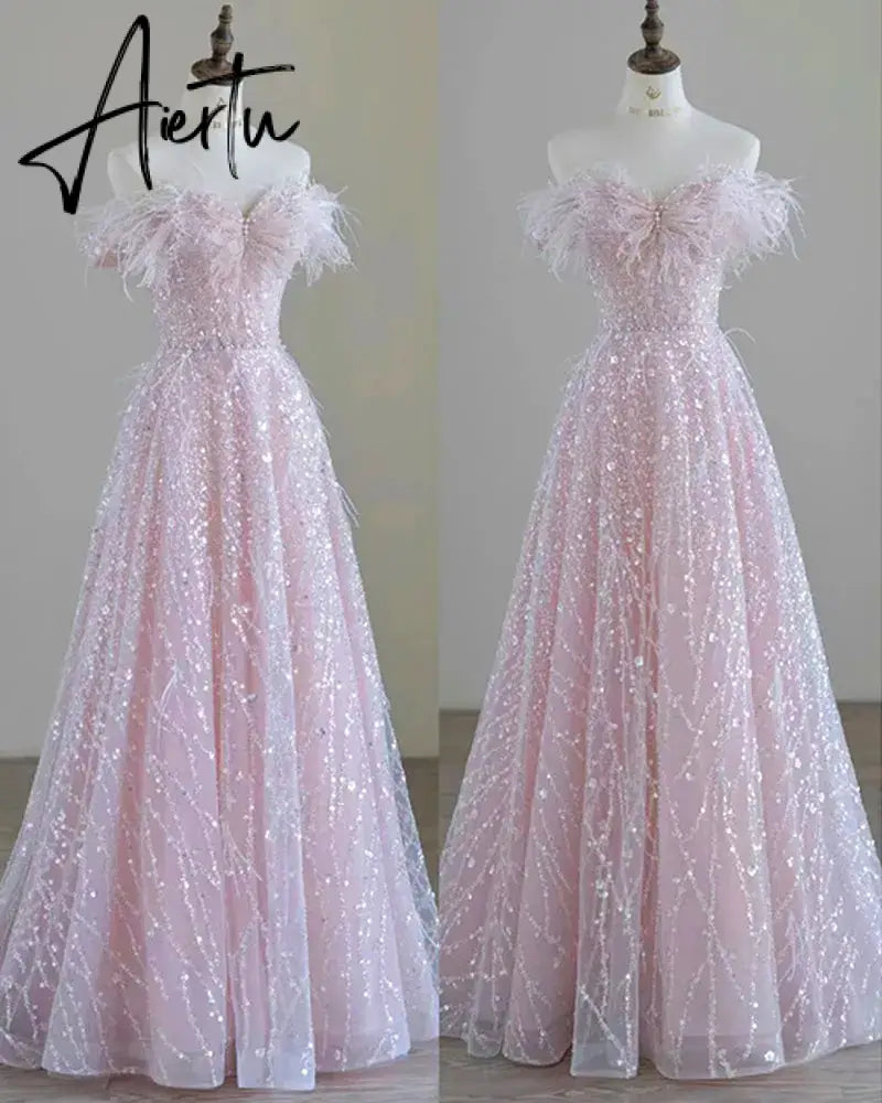 Aiertu Luxury Pink feather Prom dresses women advanced light luxury a word shoulder fairy Evening dress high-end party gown Aiertu