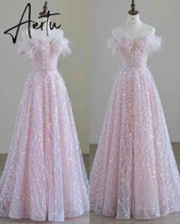 Aiertu Luxury Pink feather Prom dresses women advanced light luxury a word shoulder fairy Evening dress high-end party gown Aiertu