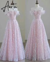 Aiertu Luxury Pink feather Prom dresses women advanced light luxury a word shoulder fairy Evening dress high-end party gown Aiertu