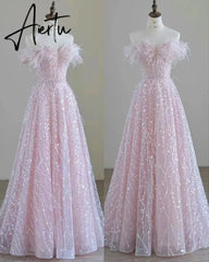 Aiertu Luxury Pink feather Prom dresses women advanced light luxury a word shoulder fairy Evening dress high-end party gown Aiertu