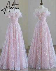 Aiertu Luxury Pink feather Prom dresses women advanced light luxury a word shoulder fairy Evening dress high-end party gown Aiertu