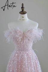 Aiertu Luxury Pink feather Prom dresses women advanced light luxury a word shoulder fairy Evening dress high-end party gown Aiertu