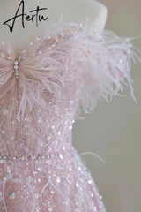 Aiertu Luxury Pink feather Prom dresses women advanced light luxury a word shoulder fairy Evening dress high-end party gown Aiertu