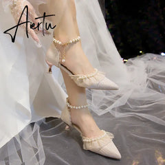 Aiertu Luxury Silk White Wedding Shoes for Women Summer Pearl Ankle Straps High Heels Pumps Woman Pointed Toe Heeled Dress Shoes Aiertu