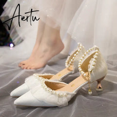 Aiertu Luxury Silk White Wedding Shoes for Women Summer Pearl Ankle Straps High Heels Pumps Woman Pointed Toe Heeled Dress Shoes Aiertu