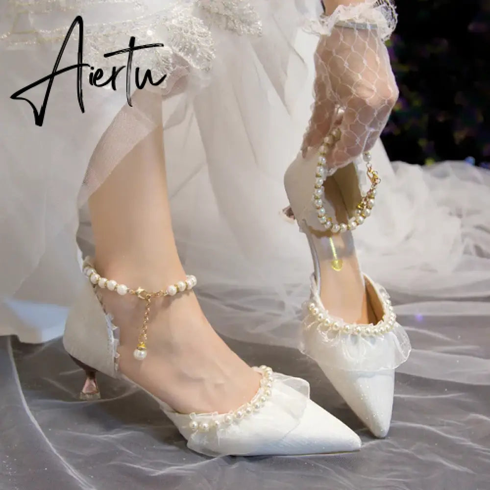 Aiertu Luxury Silk White Wedding Shoes for Women Summer Pearl Ankle Straps High Heels Pumps Woman Pointed Toe Heeled Dress Shoes Aiertu